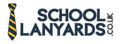 School Lanyards Logo: Wordmark in dark blue, with a blue and yellow striped school tie graphic